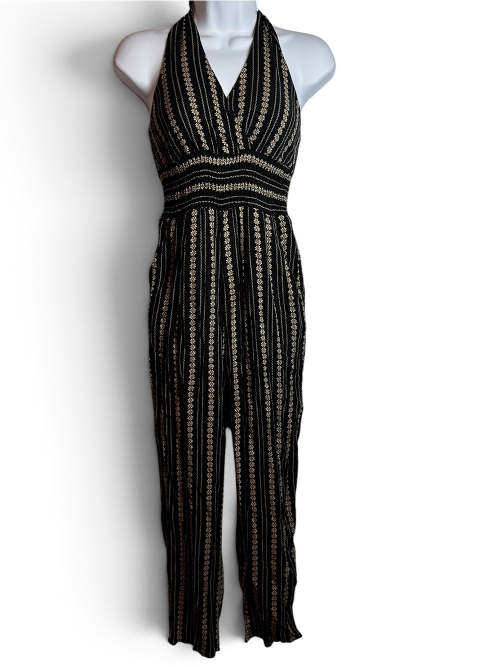 American Eagle Women’s XS Black Gold Floral Stripe Halter Jumpsuit Wide Leg Boho